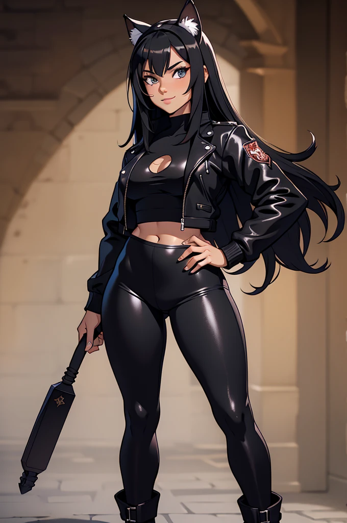 beautiful young female warrior fighter with cat ears on her head, com rosto bem detalhado e bonito, belos olhos, belos olhos, rosto lindo, beautiful young woman wearing long black leggings with black details, mini saia curta, usando jaqueta de couro preta, standing in a castle, usando bota preta, cabelo comprido com franja preto, ,orelhas de gato, belo sorriso, tomboy, um pouco musculosa,suter branco com cinta em volta, olhar serio,usando jaqueta de couro preto, com ombreiras de prata nos ombros, leather jacket