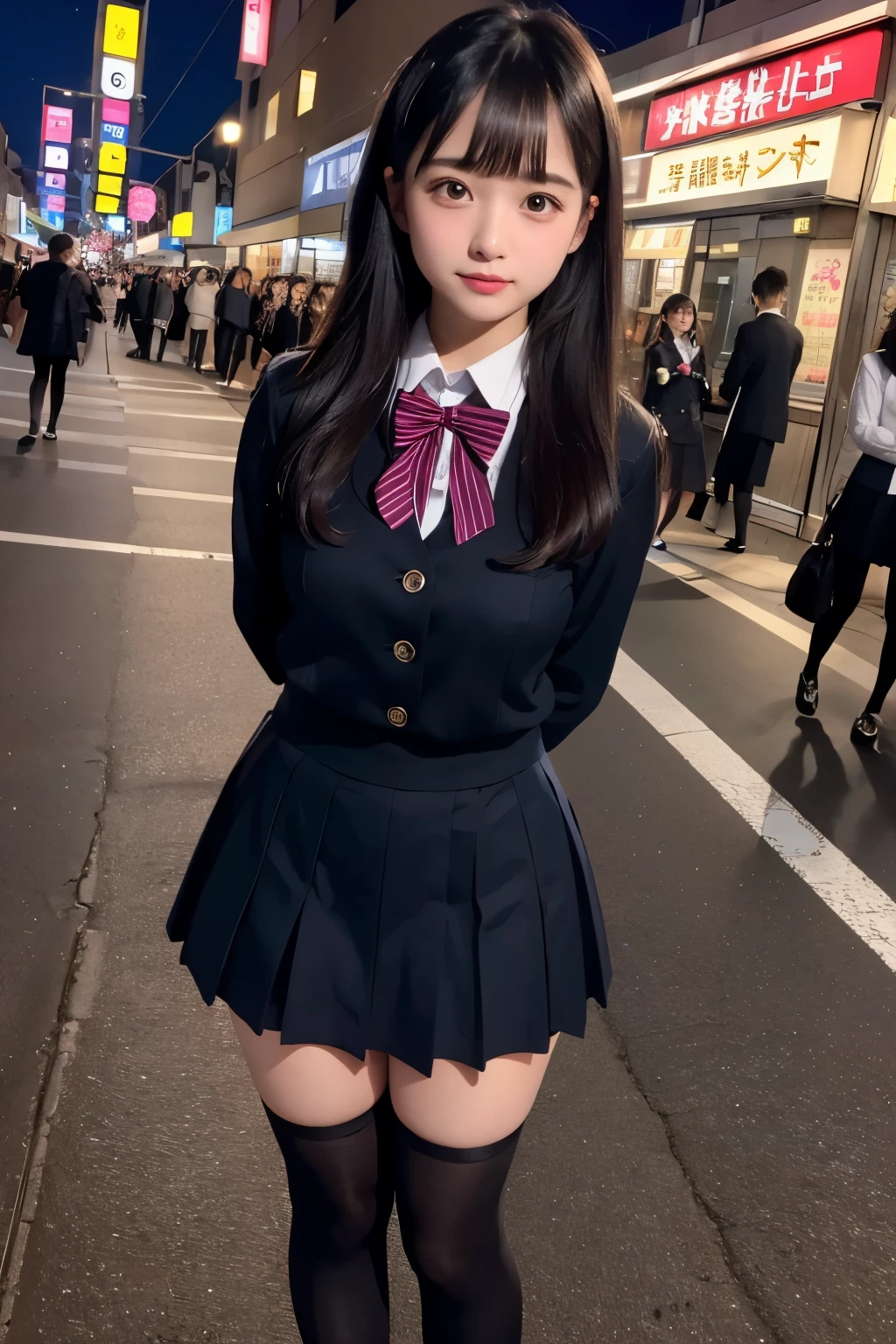 low angle shot、big breasts、Shoes are visible、super treet snap、tall, A baby-faced gal woman wearing a short skirt and bow tie is standing in a neon street at night、high school student、Thin calf、japanese girl、Winter clothes、Wearing Japanese school uniform、Japanese school black uniform、Wearing a surreal high school uniform、girl in uniform、Wearing a dark blue uniform、Full body Esbian、nice skin、glowing skin、nice thighs、(micro hining thighs、Plump thighs、She wears black tights that show her skin、leather shoes、Japanese high school 、Nogizaka Idol、inviting eyes