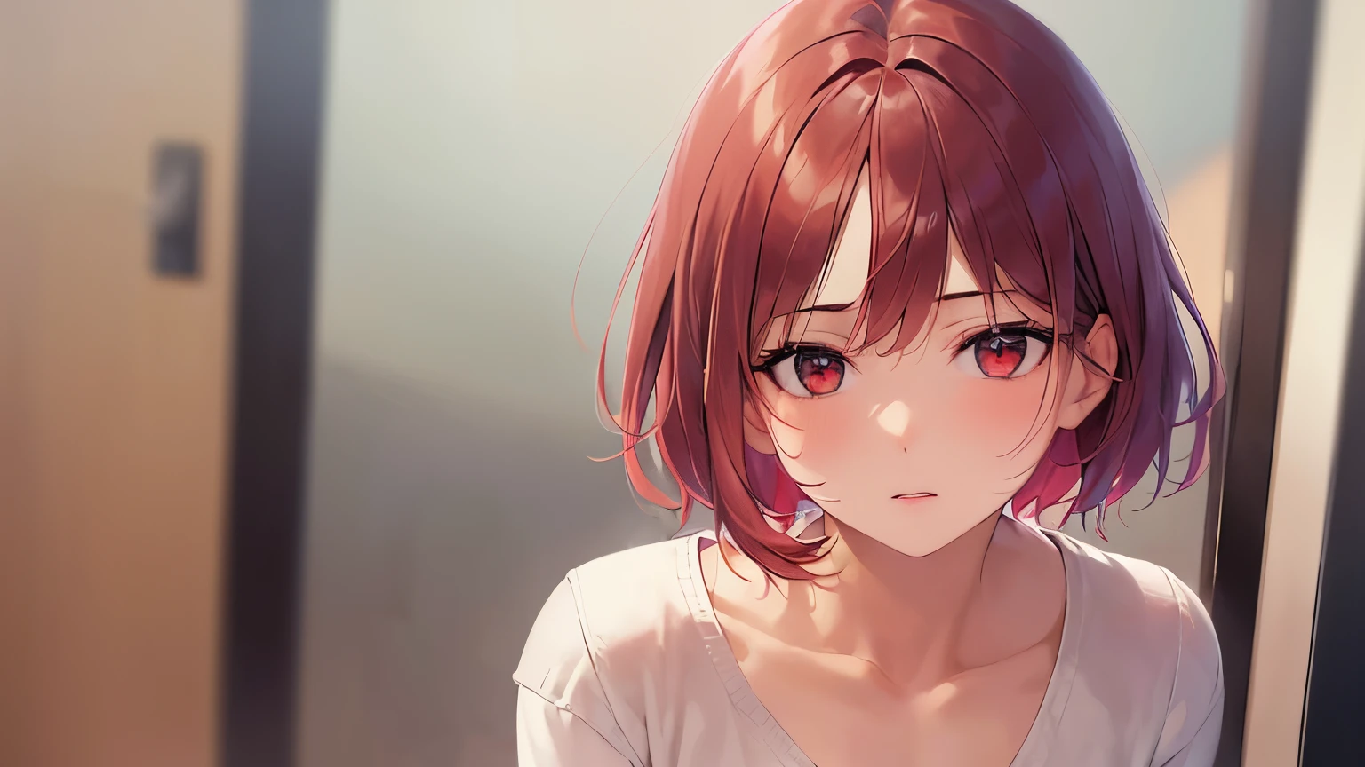 Tilting head, side angle, Realistic, real person, RAW photo, photorealistic, portrait photography, shiny skin, japanese idol, 25 year old woman、(bob cut hair) and (red hair:1.3) and (red eyes:1.3), (wearing a beige suit:1.3)、wearing a white shirt、Wearing a beige tight skirt、emphasizes the chest、surprised, blush, The background is a park