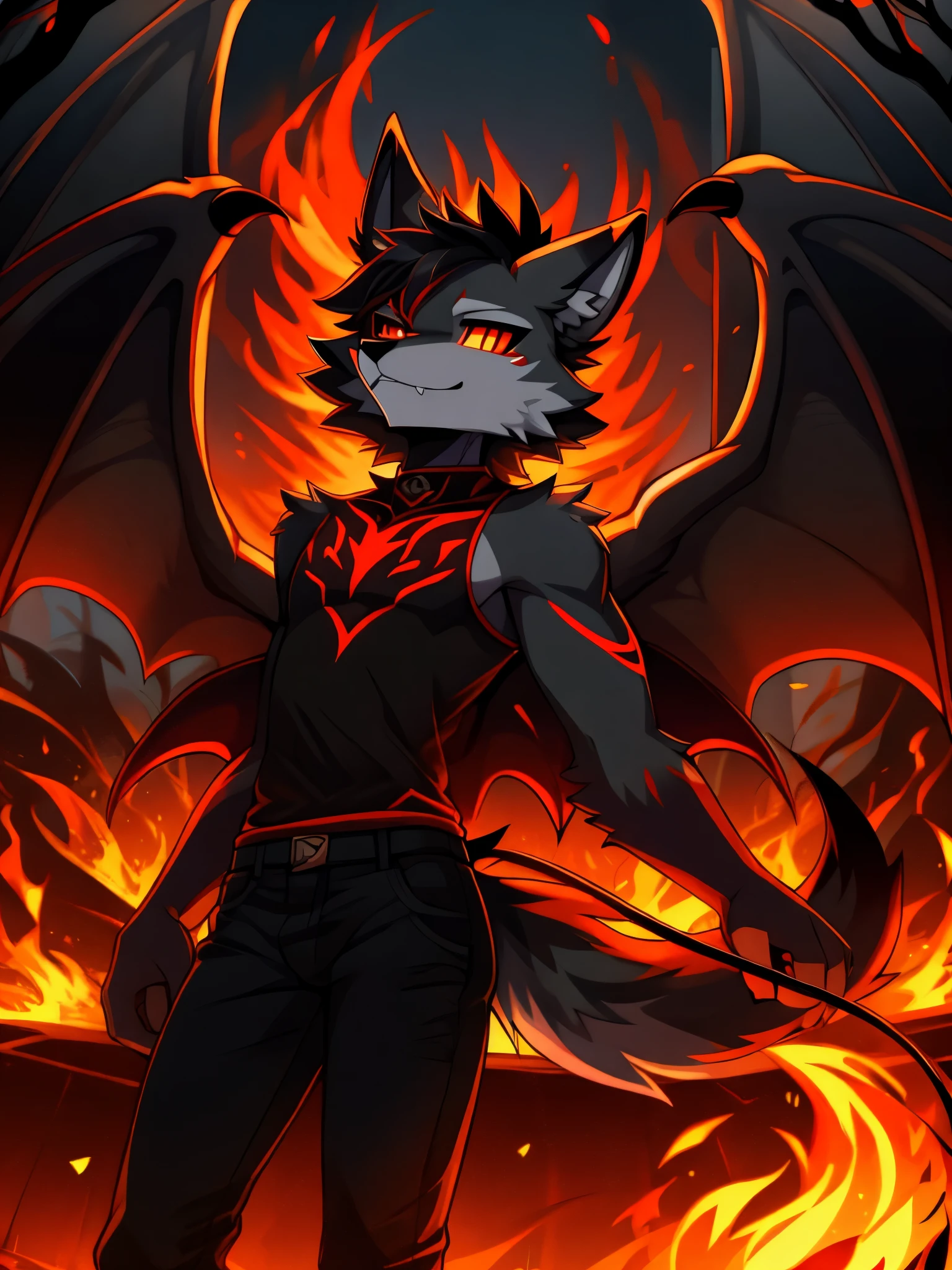 Demon wolf with red horns. Demon tail in flames. Demon wings. Grey fur. Anthro style. Black jeans