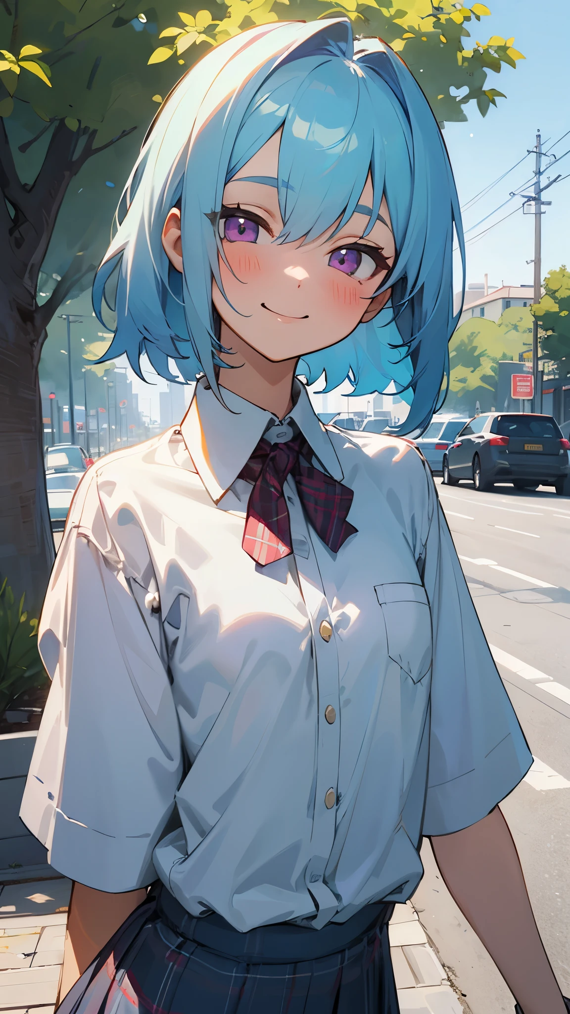 16 year old girl、light blue hair、pink eyes、smile、blush、small breasts、Take your eyes off the viewer、White blouse shirt、plaid skirt、street tree、acorn、upper body up、sharp outline、tomboy、boyish、primary、masterpiece
