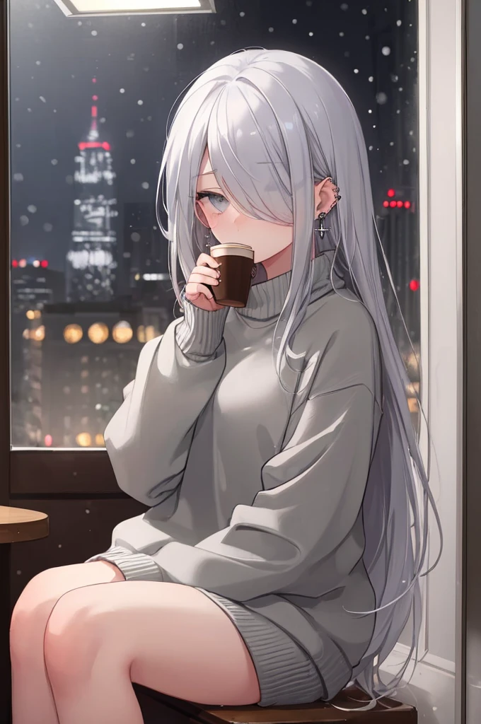 ((masterpiece:1.4, best quality:1.2)), 1girl, solo focus, beautiful skin, blush, grey sweatshirt, long white hair, grey eyes, sitting, earrings, Hands piercing, coffee shop window, night, snowing, cityscape, tall female, beautiful and delicate female, comfy ambience, {detailed background}, hair over one eye, shy, sexy, naked,