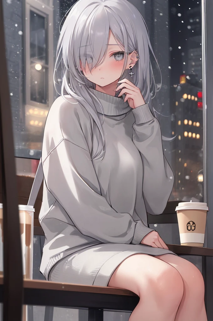 ((masterpiece:1.4, best quality:1.2)), 1girl, solo focus, beautiful skin, blush, grey sweatshirt, long white hair, grey eyes, sitting, earrings, Hands piercing, coffee shop window, night, snowing, cityscape, tall female, beautiful and delicate female, comfy ambience, {detailed background}, hair over one eye, shy, sexy, naked,