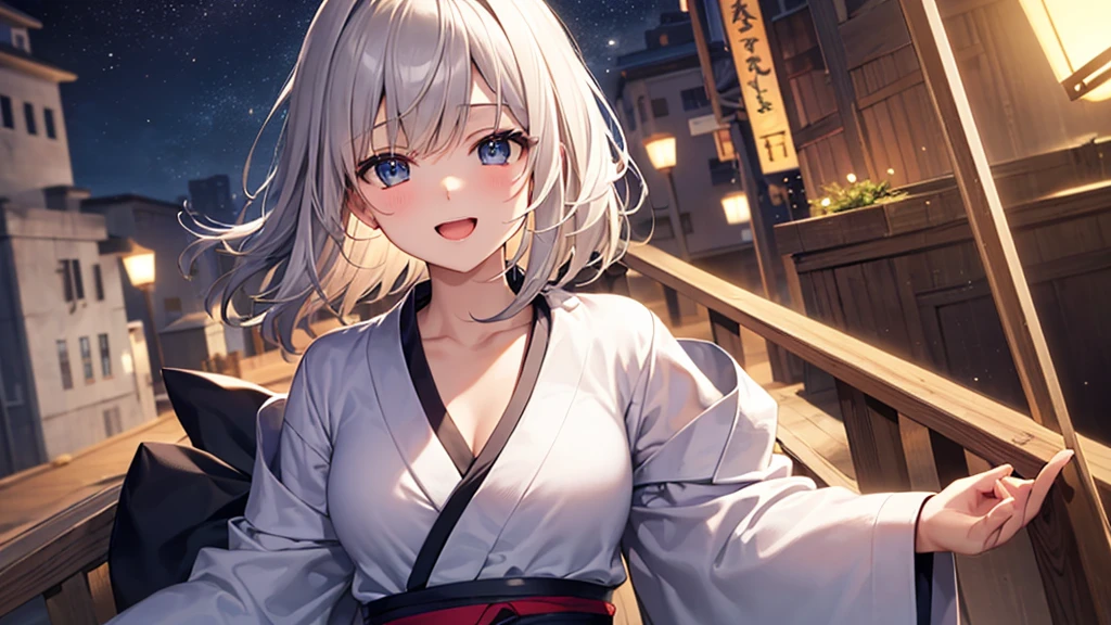 super high quality, with a girl, 20-year-old, very short hair, long bangs between the eyes, gray eyes , very detailed,(masterpiece、highest quality)、alone、gray hair、laughter、fantasy, black eye, beautiful eyes,, ecstasy, charm, be smitten with audience, fantasyな風景、white yukata、skyrocket、night、