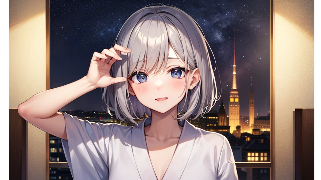 super high quality, with a girl, 20-year-old, very short hair, long bangs between the eyes, gray eyes , very detailed,(masterpiece、highest quality)、alone、gray hair、laughter、fantasy, black eye, beautiful eyes,, ecstasy, charm, be smitten with audience, fantasyな風景、white yukata、skyrocket、night、