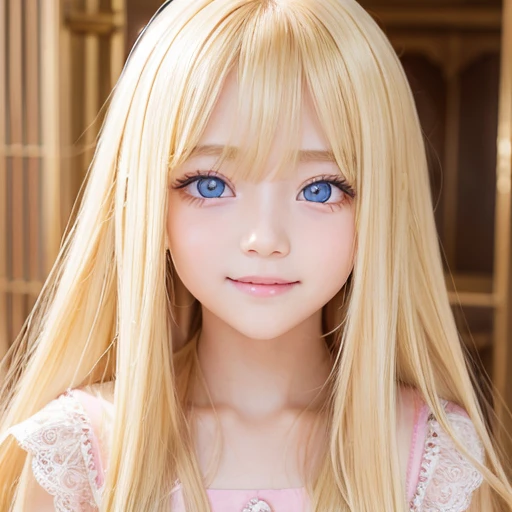 Beautiful super long straight silky hair shining dazzling golden color、bright look、blonde girl posing、long golden bangs between the eyes of the eyes,,,、fair skin with glossy skin、pink cheeks、shiny cheeks、Real Girl、（10 year old girl）、Beautiful girl in shining golden platinum blonde、Beautiful big bright blue eyes、happy smile
