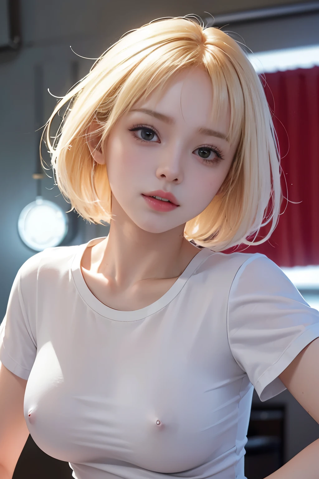 optimal，master piece，High resolution，best quality，hyper hd，super detail，award-winning，16K，solo，（Upper body），correct anatomy，Beautiful Cyberpunk Girl，cowboy shot、cute face，，blonde、bob cut、Red ribbon hair ornament、hair line，（（scarlet eyes）），long eyelashes，dangling corner of the eye，white skin，((shoot from below)), ((white t-shirt:1.5)), ((Clocktop:1.5)), ((big breasts)), ((transparent nipples))、rocket , （Because I&#39;m slender），