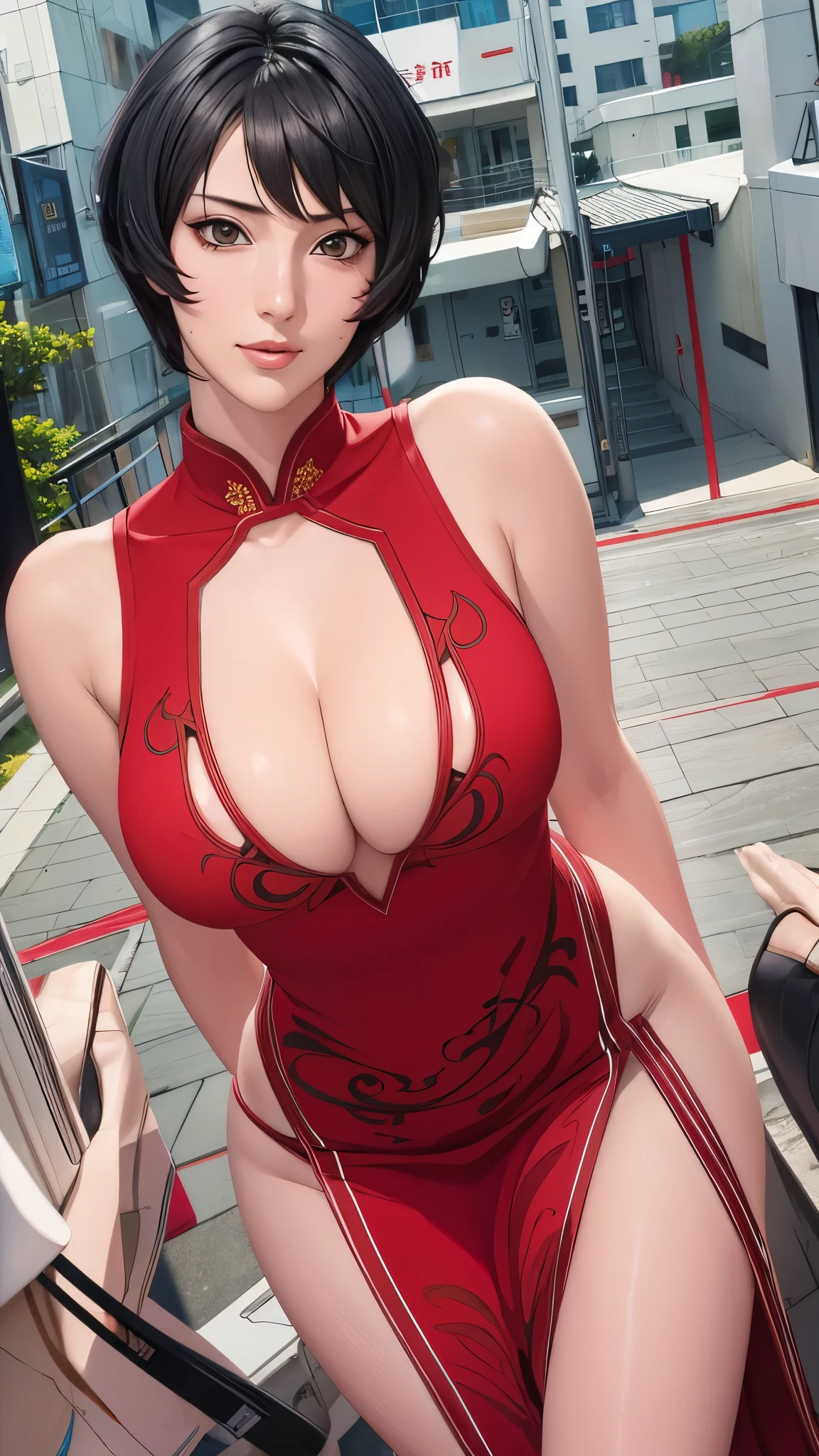 1 Big Girl, beautiful ada&#39;s cowboy pictures, Looking at the audience, Red robe, black hair color, blushing face, short hair detail, exercise night, Volumetric lighting, Best Quality, Masterpiece, intriciate detail, color mapping, Sharp focus, Ultra-detailed, Popular topics on ArtStation, cleavage, In fact, the whole body, big size ass, elegant evening gowns