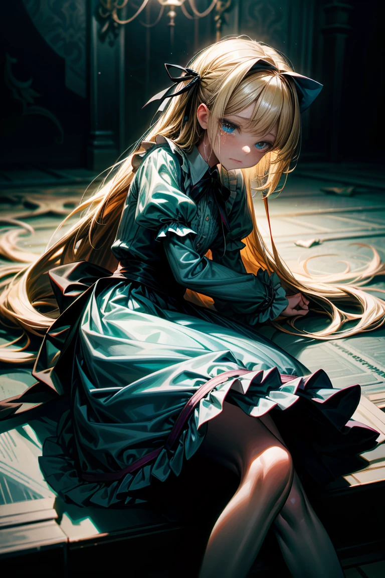 extremely detailed wallpaper, Super detailed details, detailed shadow, very precise detailed, extremely detailed 8K wallpaper, very fine 8KCG wallpapers,An old abandoned castle. alice \(alice in wonderland\), blonde hair, hair ribbon, frilled dress, frilled skirt, frilled sleeves, blue eyes, very long hair, her body is too big, she have giant physics, tall, the furniture looks small compare to her, she's crying, very dark, midnight, unpleasant atmosphere