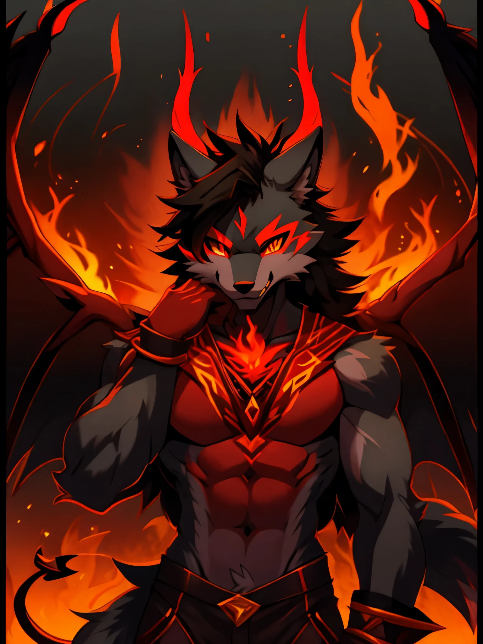 Demon wolf with red horns. Demon tail in flames. Demon wings. Grey fur. Anthro style.