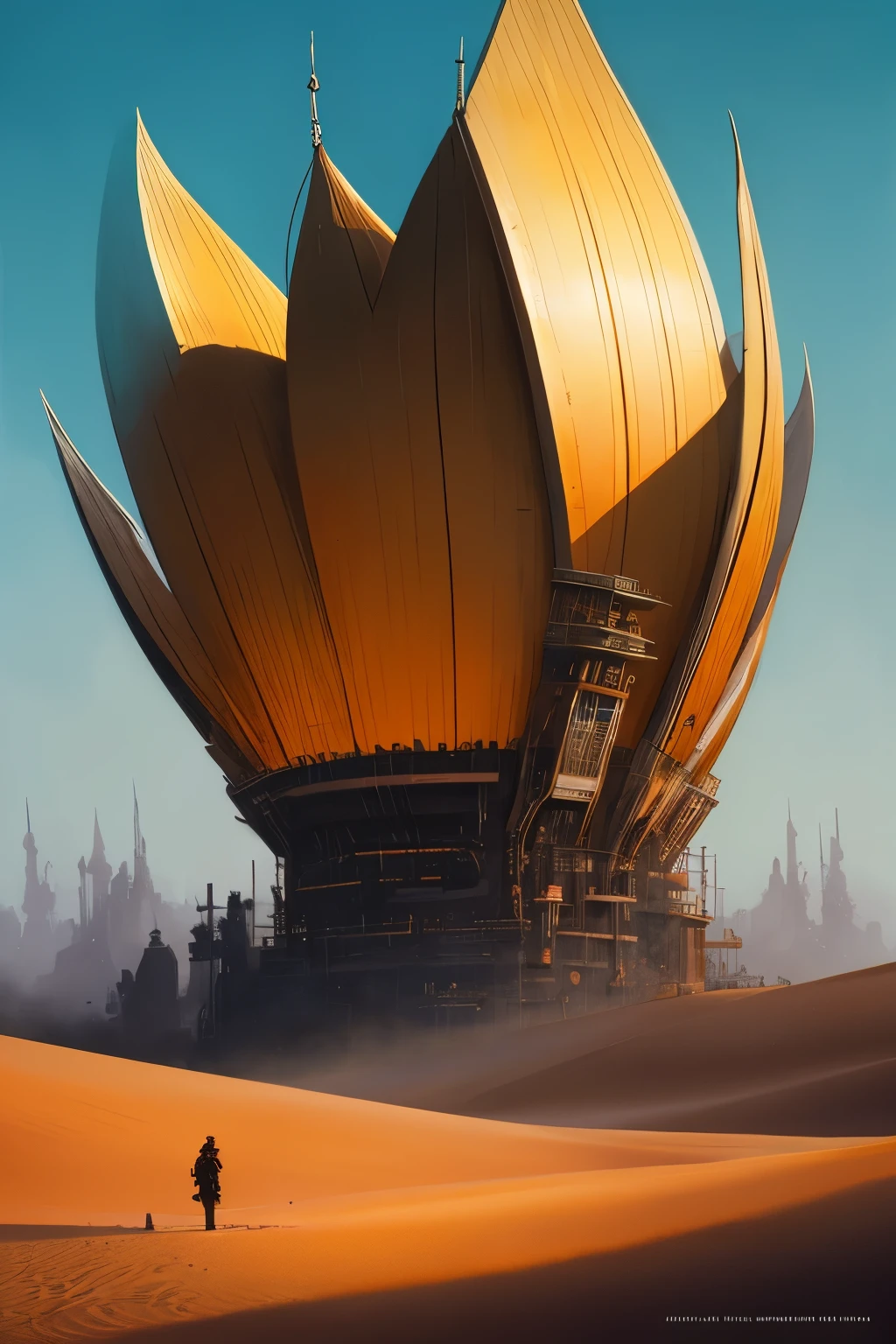 oil on matte canvas, sharp details, Dune scifi Arrakis city, intricate, highly detailed, digital painting, rich color, smooth, sharp focus, illustration, Unreal Engine 5, 8K, art by artgerm and greg rutkowski and alphonse mucha, Studio Ghibli, by Jeremy Mann, Greg Manchess, Antonio Moro, trending on ArtStation, trending on CGSociety, Intricate, High Detail, Sharp focus, dramatic, photorealistic painting art by midjourney and greg rutkowski
