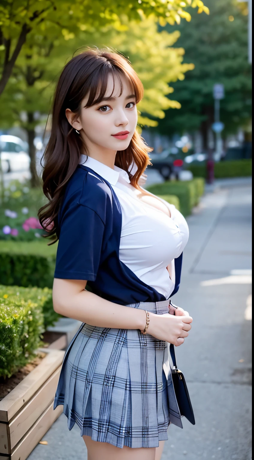 NSFW, 8K RAW photo, highest quality, masterpiece, ultra high resolution, film grain, movie, 1 girl, looking at the viewer, natural skin texture, Realistic eye and face details, full lips, lipstick, (compensate), red eyeshadow, Fluffy shorthair, messy hair, smile, close your mouth, beautiful foot, tall woman, skinny, slim_foot, alone, huge breasts, cleavage, pose with your butt facing yourself, super short skirt, teeth, shirt, beautiful natural location, Around the flower place, (detailed background), Plaid skirt, white shirt, huge breasts, cleavage, Show a little cleavage through the shirt, loafers, blurry background, blurry, holding, Plaid, short sleeve, JK ribbon on the neck, JK ribbon, brown hair, bracelet, water, bangs, school uniform, jewelry, parted lips, lips, From the side, pleated skirt, Depth of bounds written