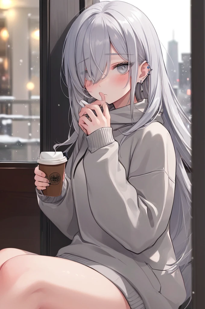 ((masterpiece:1.4, best quality:1.2)), 1girl, solo focus, beautiful skin, blush, grey sweatshirt, long white hair, grey eyes, sitting, earrings, Hands piercing, coffee shop window, night, snowing, cityscape, tall female, beautiful and delicate female, comfy ambience, {detailed background}, hair over one eye, shy, sexy, naked,