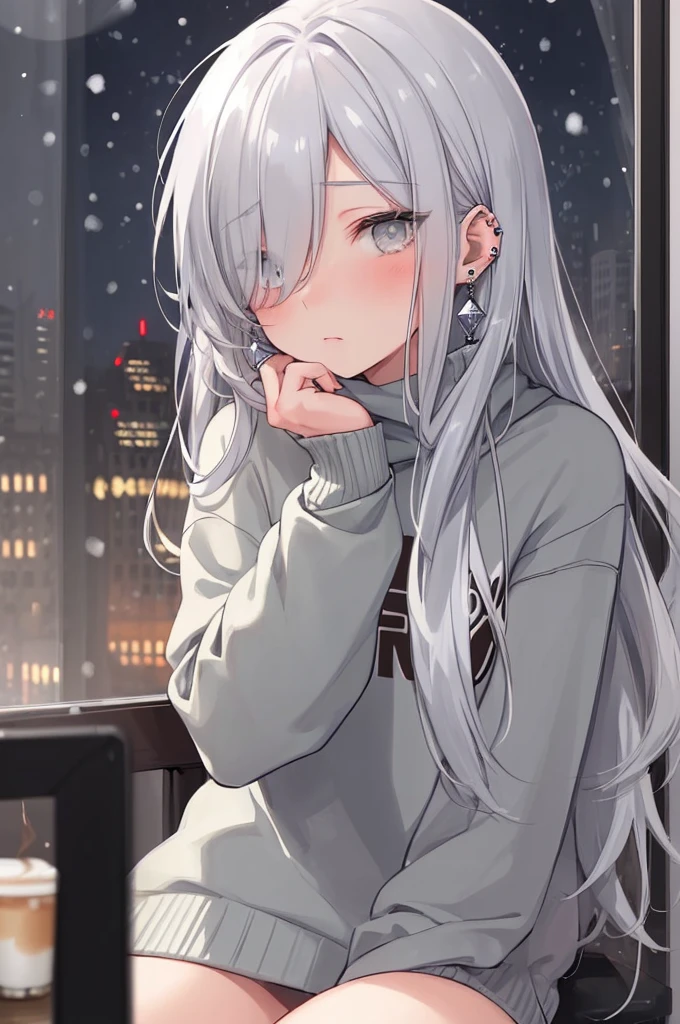 ((masterpiece:1.4, best quality:1.2)), 1girl, solo focus, beautiful skin, blush, grey sweatshirt, long white hair, grey eyes, sitting, earrings, Hands piercing, coffee shop window, night, snowing, cityscape, tall female, beautiful and delicate female, comfy ambience, {detailed background}, hair over one eye, shy, sexy, naked,