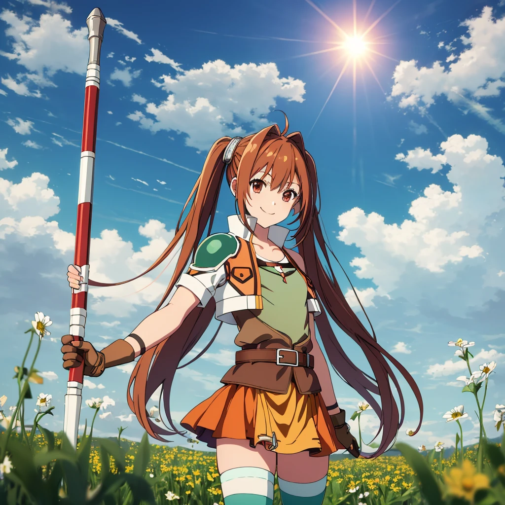 masterpiece, best quality, scEstelle, cropped jacket, green shoulder pad, tan shirt, orange skirt, belt, brown gloves, white thighhighs, upper body, smile, sky, clouds, field, sun, standing, looking at viewer, have a rod,
