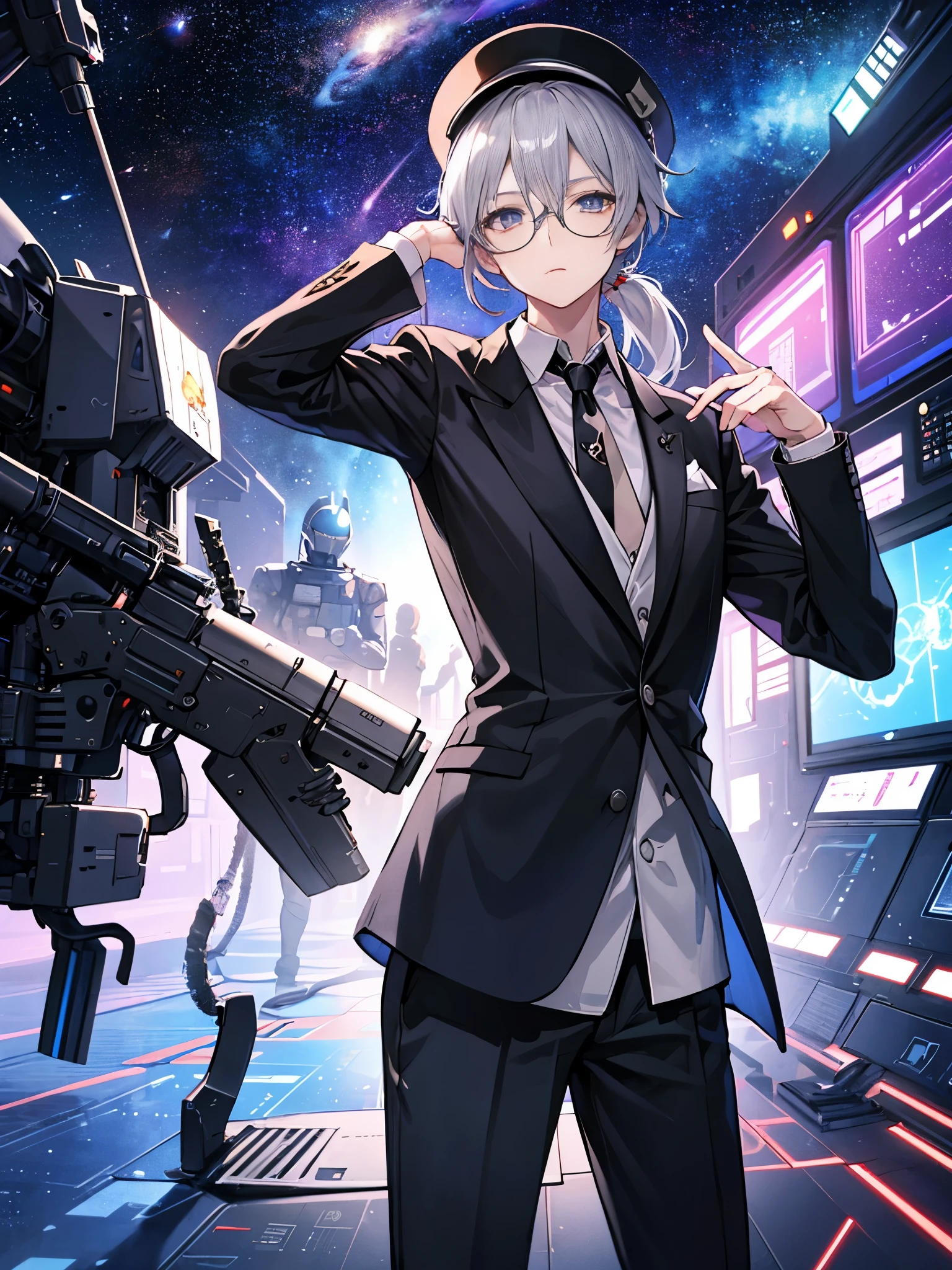 (muste piece)(High definition)20s male android、alone、gray hair、ponytail、hat、Tuxedo、tie、Wearing round glasses、one hand on the chest、background(An electronic world that feels like science fiction、A space that feels like inside a machine、Virtual space、near future)