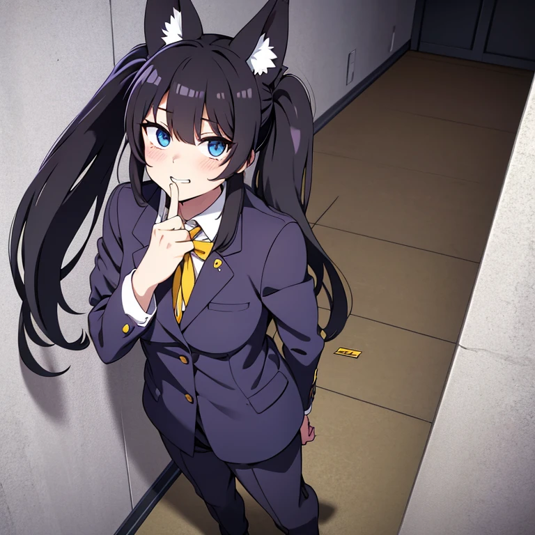 one girl, be characterized by short stature ,very long twin tails ,absurdly long hair,f cup,big breasts, has long twintails that touch the floor, has Anubis' Kemonomimi ,jackal Kemonomimi ,long jackal Kemonomimi ,black hair ,The inside of the kemomimi is yellow , black hair , Attach the yellow ribbon hair clip only to the left side of the twin tails ,double blue eyes ,men's purple pantsuit,miosis,Raise your left index finger and put it to your mouth Hide the knife in your right hand behind your back. Bloody, miosis , grin,to be spattered by blood from one's victim, a corridor with walls plastered with concrete, 