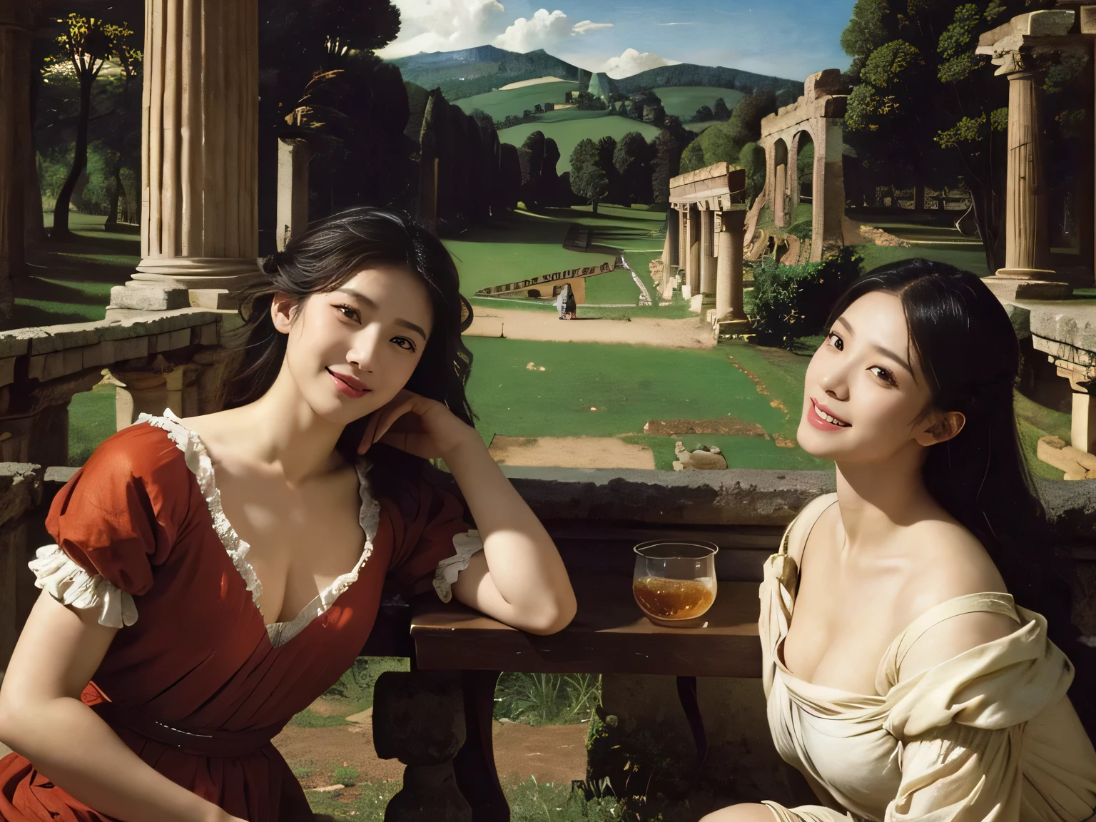Ancient Roman ruins、Poussin-style landscape、smile、Sweet and enchanting appearance、Caravaggio's paintings、Caravaggio&#39;s chiaroscuro、hair blowing in the wind、two women having fun、キュートなsmile、expression of ecstasy、sexy、erotic