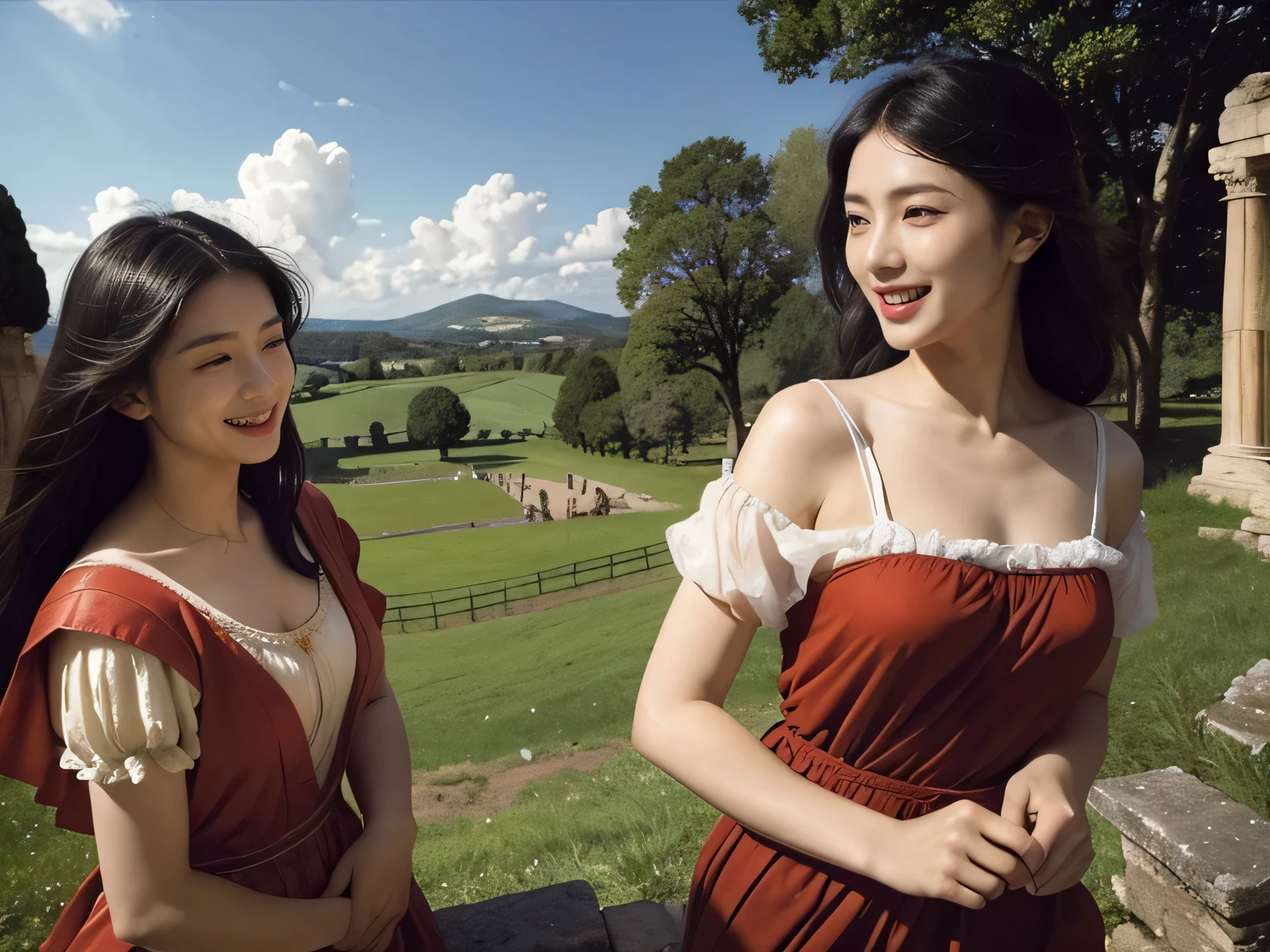 Ancient Roman ruins、Poussin-style landscape、smile、Sweet and enchanting appearance、Caravaggio's paintings、Caravaggio's chiaroscuro、hair blowing in the wind、two women having fun、キュートなsmile、expression of ecstasy、sexy、erotic