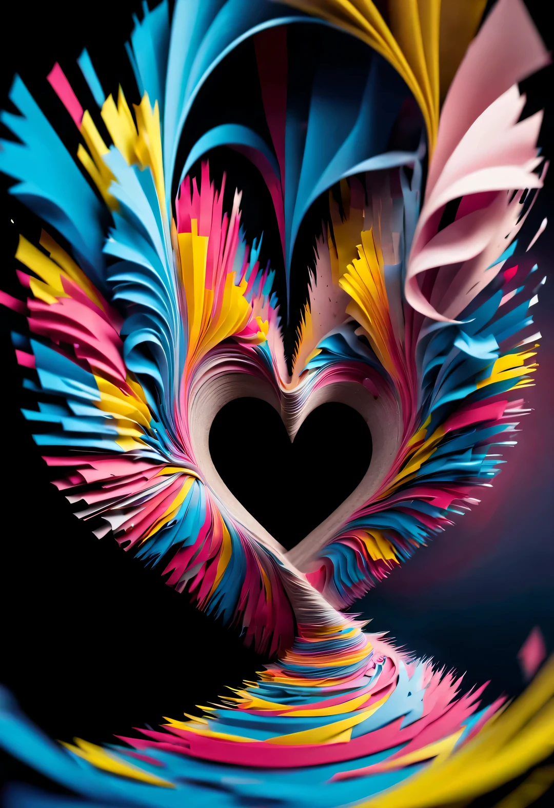 Colorful scraps of paper flutter crazily in the whirlpool，Like a heart, A black hole