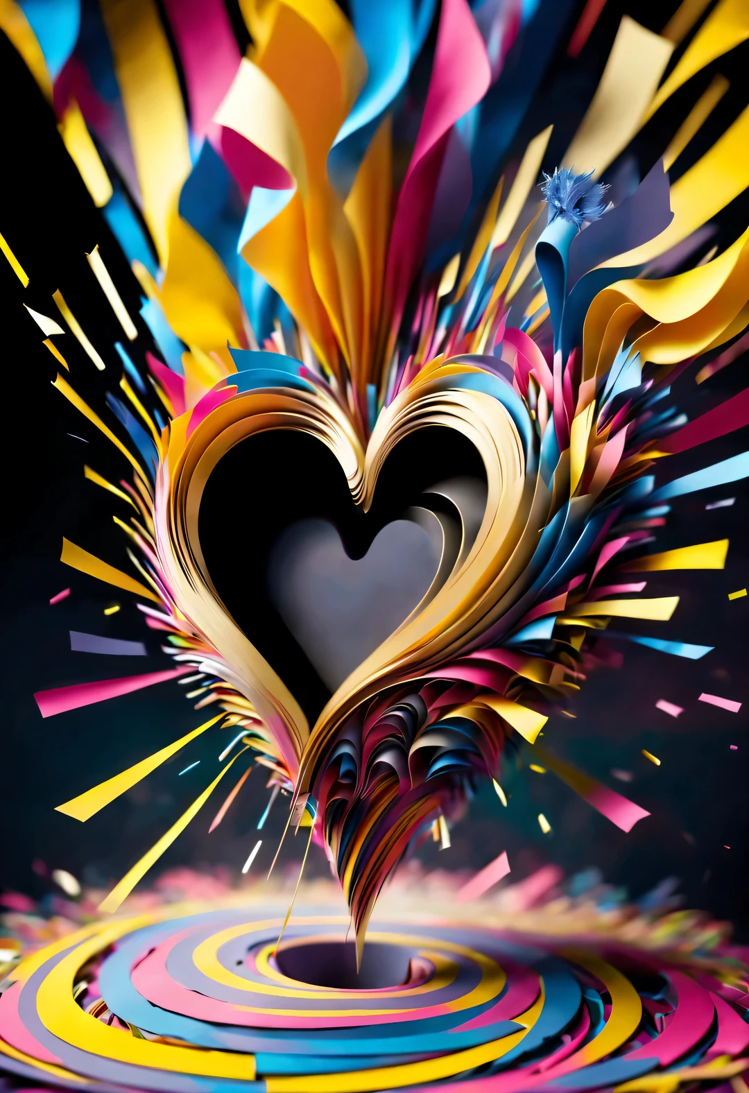 Colorful scraps of paper flutter crazily in the whirlpool，Like a heart, A black hole，golden background