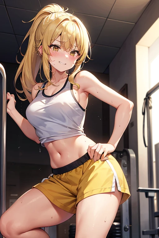 blonde、blue eyes、double teeth、smile、Open、shorts、yoga、Sweat、dye one's cheeks、burn、hot