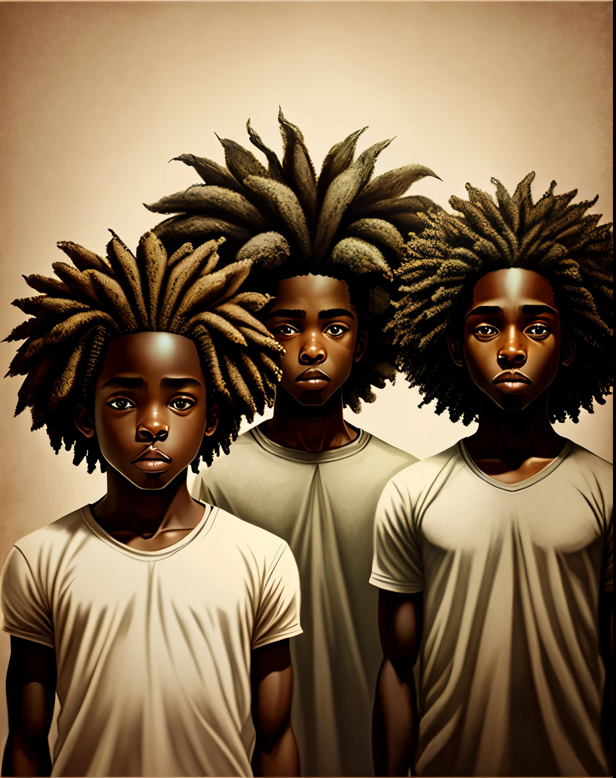 I want an example of 4 male characters in graphite pencil drawing, cabelo afro caindo para a frente, Tipo Rasta, 8k Camera, para colocar de perfil no tiktok,