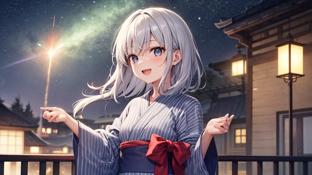 super high quality, with a girl, 20-year-old, very short hair, long bangs between the eyes, gray eyes , (masterpiece、highest quality)、alone、gray hair、laughter、fantasy, black eye, beautiful eyes,,white yukata、skyrocket、night、