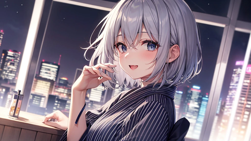 super high quality, with a girl, 20-year-old, very short hair, long bangs between the eyes, gray eyes , (masterpiece、highest quality)、alone、gray hair、laughter、fantasy, black eye, beautiful eyes,,white yukata、skyrocket、night、