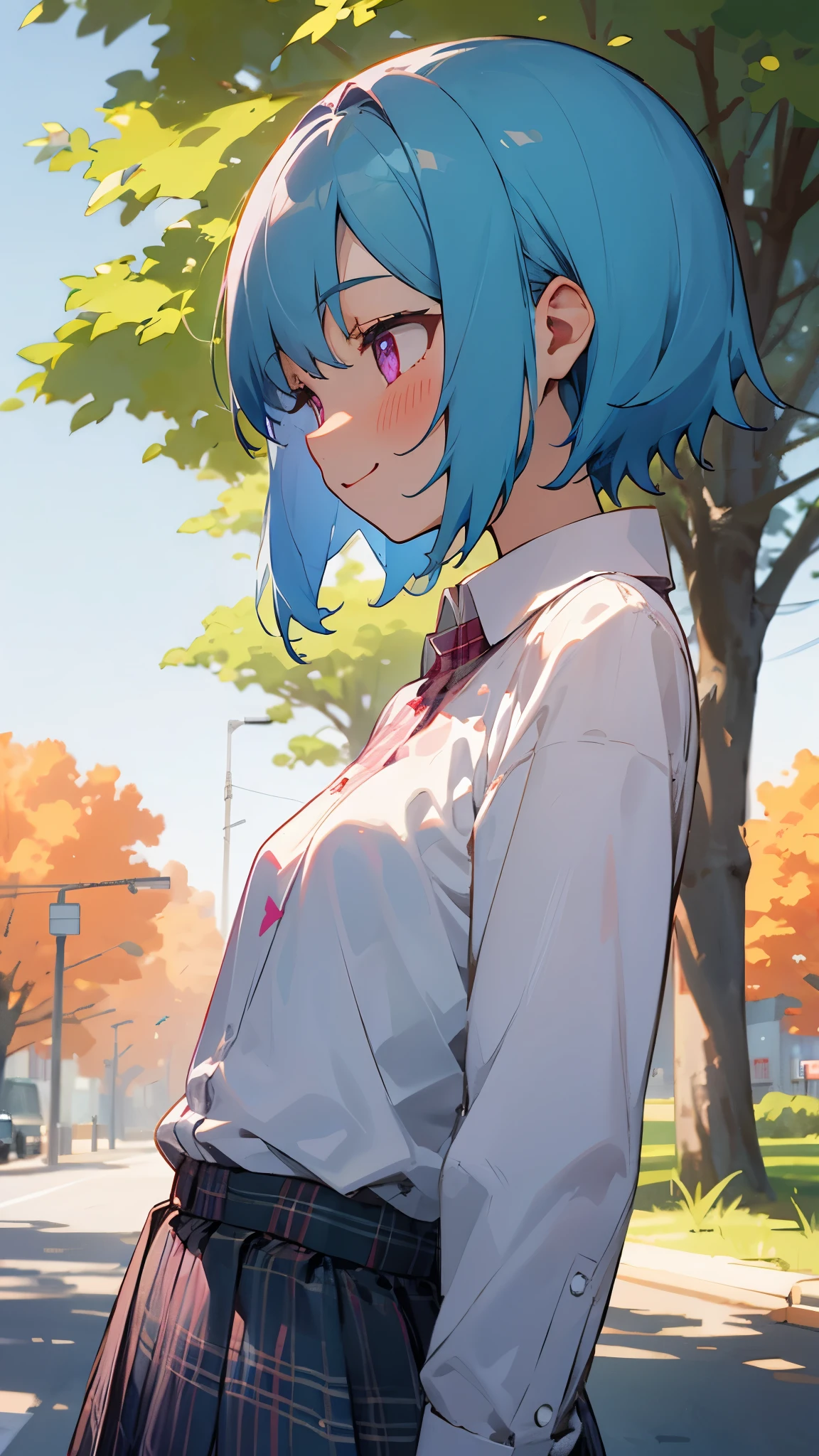 16 year old girl、light blue hair、pink eyes、smile、blush、small breasts、profile、White blouse shirt、plaid skirt、street tree、acorn、upper body up、sharp outline、tomboy、boyish、primary、masterpiece