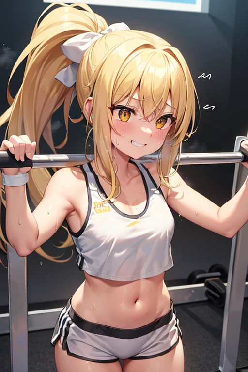Marisa Kirisame, gym, yellow tank top, white shorts, sweat, high precision, highest quality, high image quality, pretty, cute, long blonde hair, yellow eyes, ponytail, small breasts, sweat dripping, showing teeth Laughing, training, exercise clothes, dynamism, white ribbon, holding one bar, exercise workout, sweating, carrying a barbell, grasping the bar with both hands, alone, squat,smile