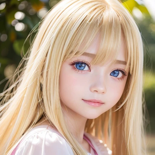 Beautiful super long straight silky hair shining dazzling golden color、bright look、blonde girl posing、long golden bangs between the eyes of the eyes,,,、fair skin with glossy skin、pink cheeks、shiny cheeks、Real Girl、（10 year old girl）、Beautiful girl in shining golden platinum blonde、Beautiful big bright blue eyes、happy smile