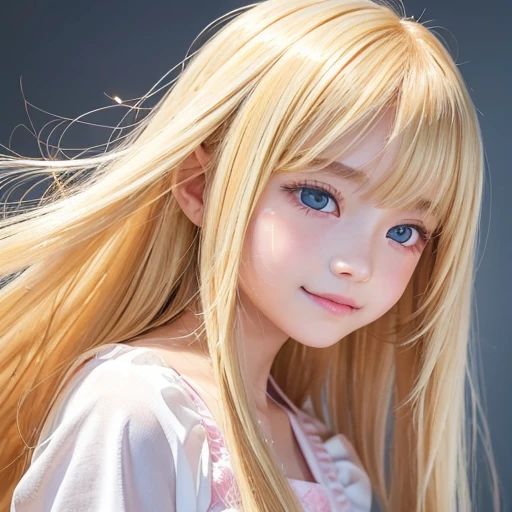 Beautiful super long straight silky hair shining dazzling golden color、bright look、blonde girl posing、long golden bangs between the eyes of the eyes,,,、fair skin with glossy skin、pink cheeks、shiny cheeks、Real Girl、(10 year old girl)、Beautiful girl in shining golden platinum blonde、Beautiful big bright blue eyes、happy smile