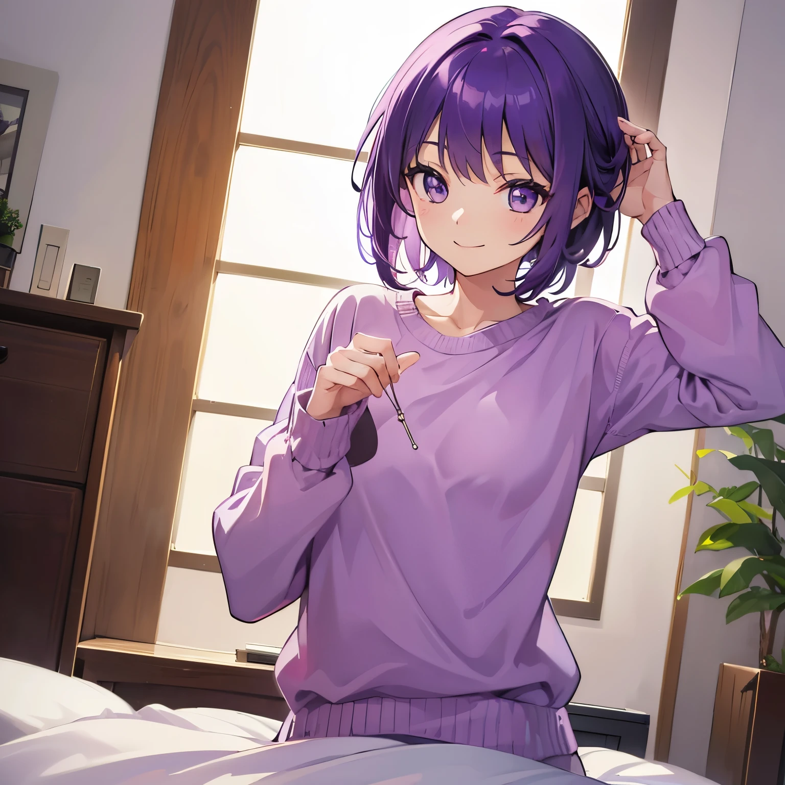(T Masterpiece,4k wallpaper,best quality))、((girl1people))、(solo)、Brilliant,(purple hair)、(shortcut:1.3)、smile、Bedroom、morning、sweater