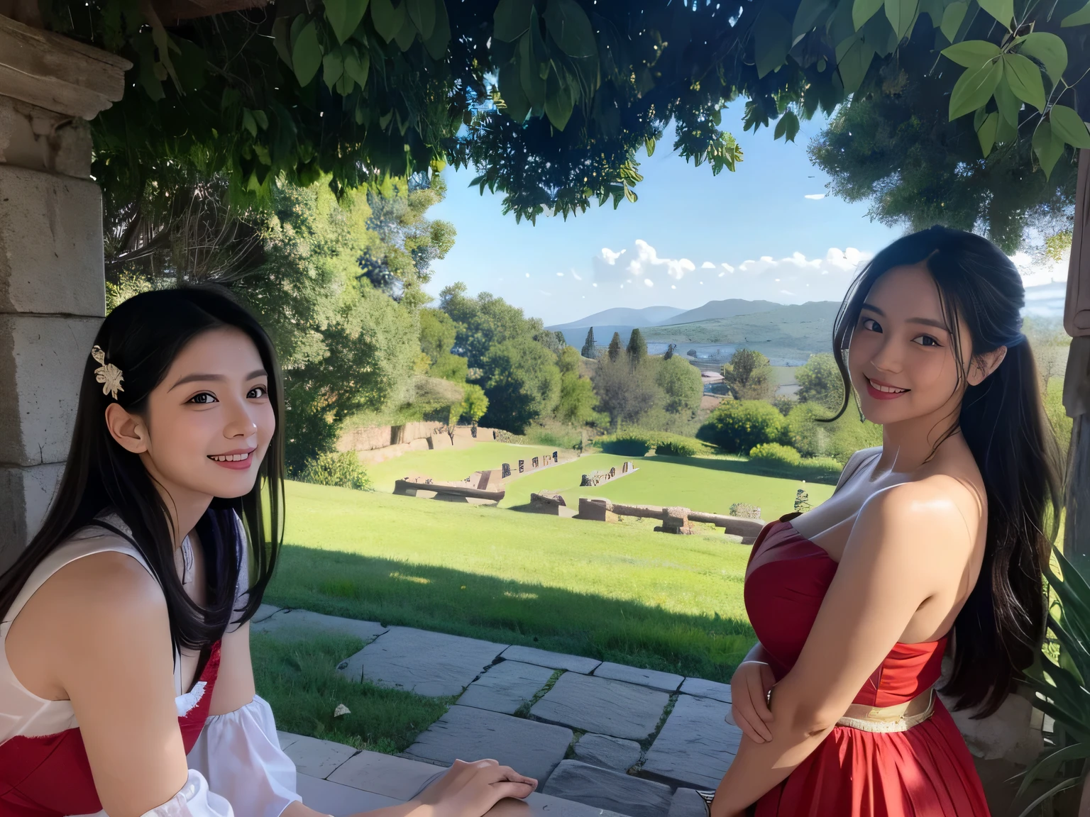 Ancient Roman ruins、Poussin-style landscape、smile、Sweet and enchanting appearance、Caravaggio's paintings、Caravaggio's chiaroscuro、hair blowing in the wind、two women having fun、キュートなsmile、expression of ecstasy、sexy、erotic