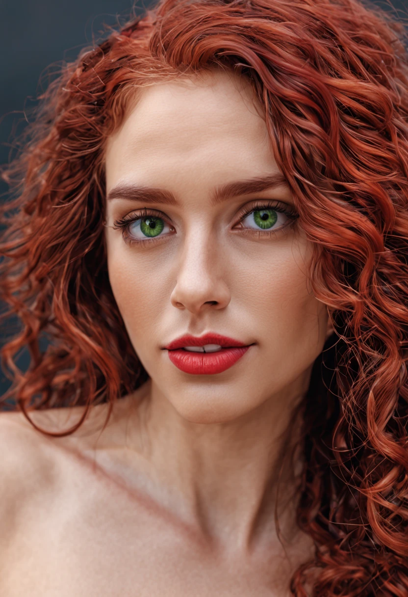 create the face of a 23 year old latina girl with long curly red hair, white teeth, red full lips, green eyes, thin face, long neck, sexy look, close up, UHD, retina, masterpiece, ccurate, anatomically correct, super detail, award winning, high quality, 4K, highres, retina, ccurate, anatomically correct, textured skin, super detail, high quality, award winning, highres, 4K, masterpiece
