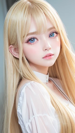 Beautiful super long straight silky hair shining dazzling golden color、bright look、blonde girl posing、long golden bangs between the eyes of the eyes,,,、fair skin with glossy skin、pink cheeks、shiny cheeks、Real Girl、（10 year old girl）、Beautiful girl in shining golden platinum blonde、Beautiful big bright blue eyes、happy smile