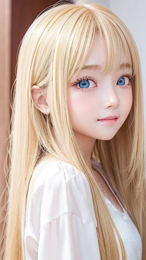 Beautiful super long straight silky hair shining dazzling golden color、bright look、blonde girl posing、long golden bangs between the eyes of the eyes,,,、fair skin with glossy skin、pink cheeks、shiny cheeks、Real Girl、（10 year old girl）、Beautiful girl in shining golden platinum blonde、Beautiful big bright blue eyes、happy smile