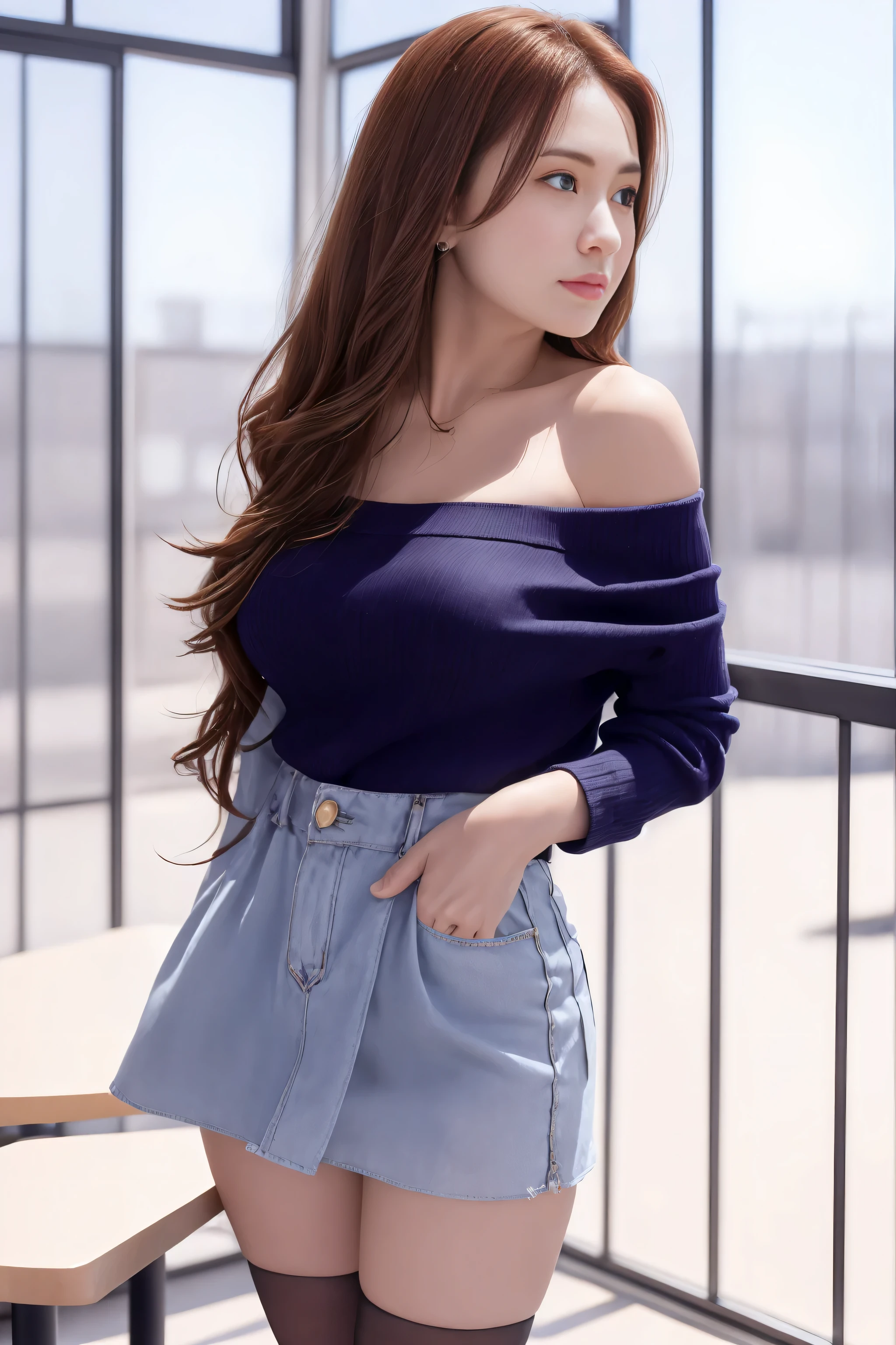 a beautiful 20yo spanyol woman, off-shoulder shirt, high waist short skirt , thighhighs