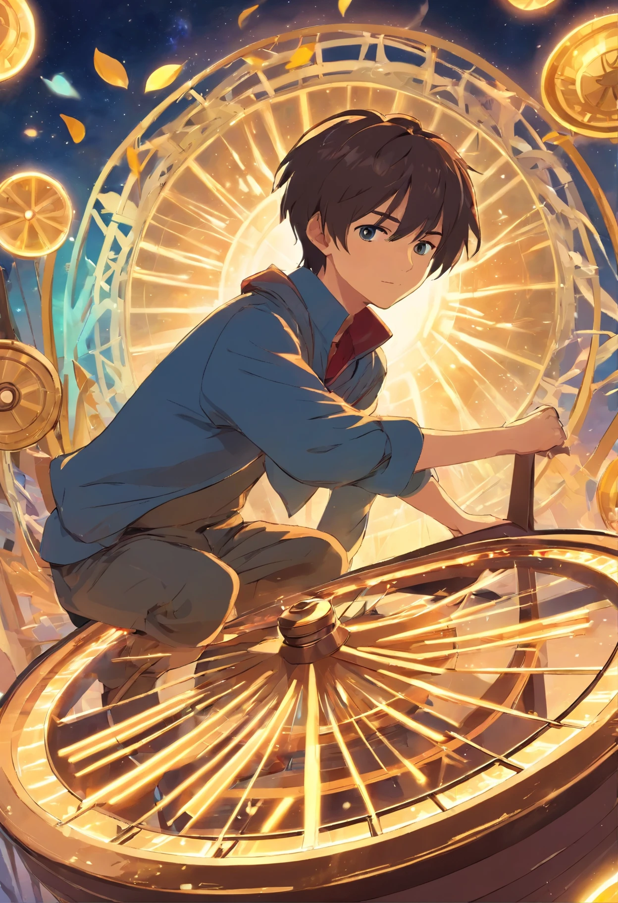 Universal Weight Tarot Card No. 10 , A boy spinning a large cart wheel