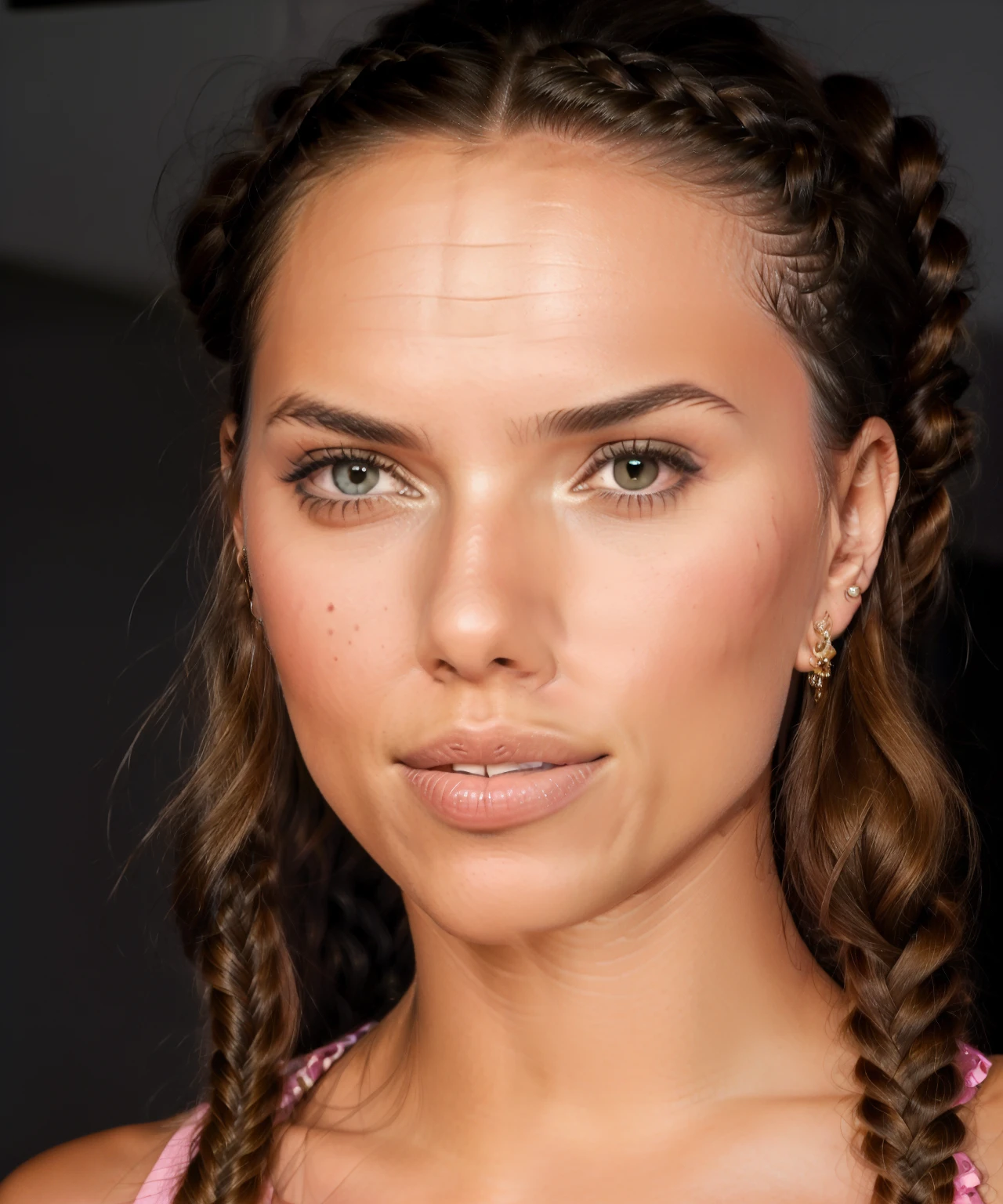 a close up of a woman with a braid in her hair, adriana lima, with symmetrical facial features, sexy lips :5 stylish, woman with braided brown hair, most beautiful woman on earth, with dark hair tied up in a bun, perfect facial features, alessandra ambrosio, stunning art, prominent cheekbones, slight smirk, malika favre