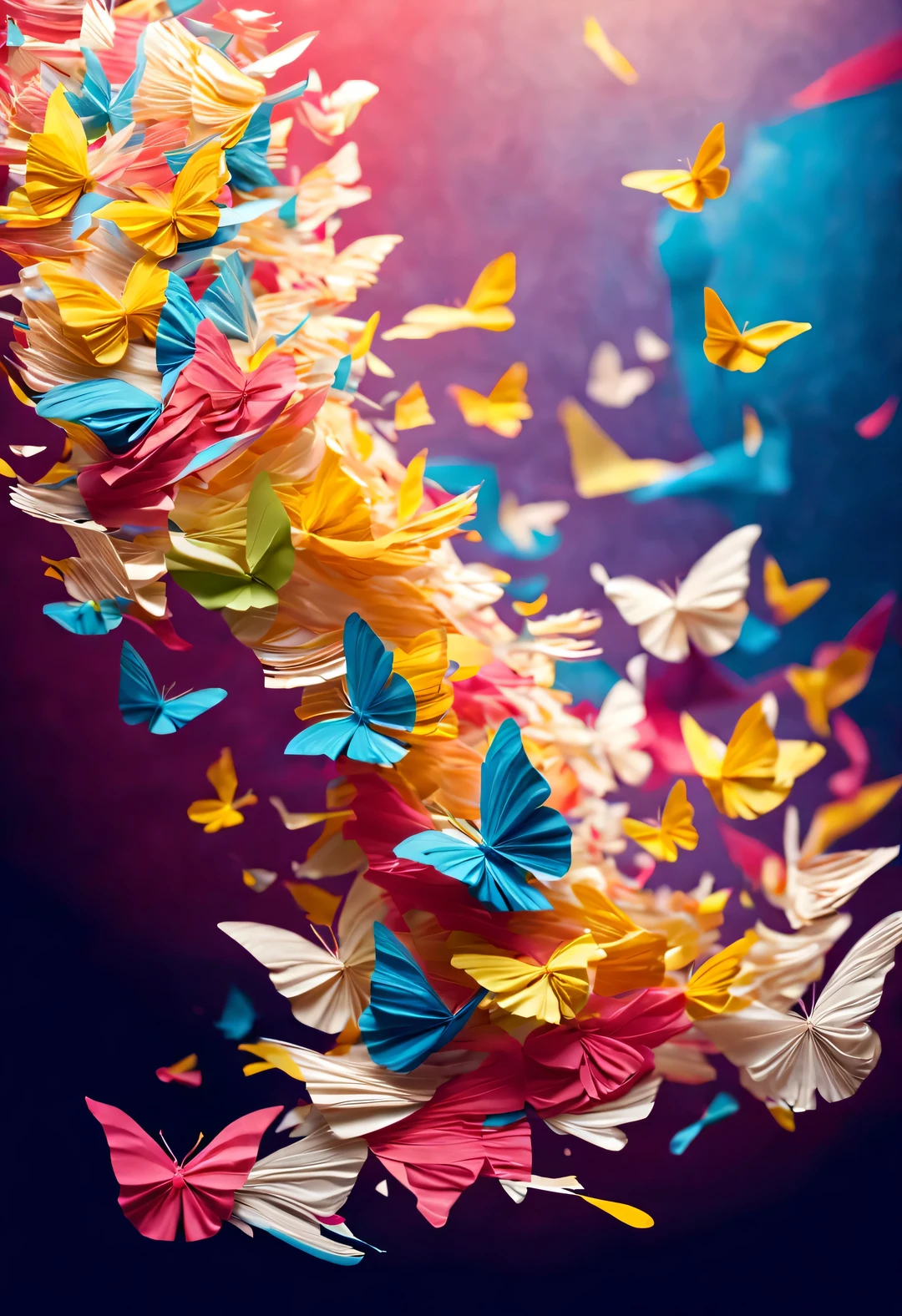 Colorful scraps of paper flying in the air like butterflies,,Flying like a vortex