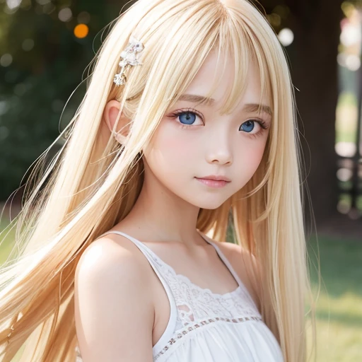 Beautiful super long straight silky hair shining dazzling golden color、bright look、blonde girl posing、long golden bangs between the eyes of the eyes,,,、fair skin with glossy skin、pink cheeks、shiny cheeks、Real Girl、(10 year old girl)、Beautiful girl in shining golden platinum blonde、Beautiful big bright blue eyes、happy smile