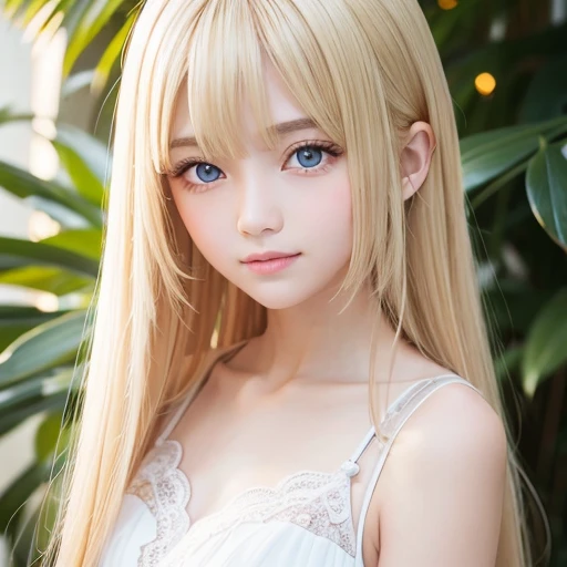 Beautiful super long straight silky hair shining dazzling golden color、bright look、blonde girl posing、long golden bangs between the eyes of the eyes,,,、fair skin with glossy skin、pink cheeks、shiny cheeks、Real Girl、（10 year old girl）、Beautiful girl in shining golden platinum blonde、Beautiful big bright blue eyes、happy smile