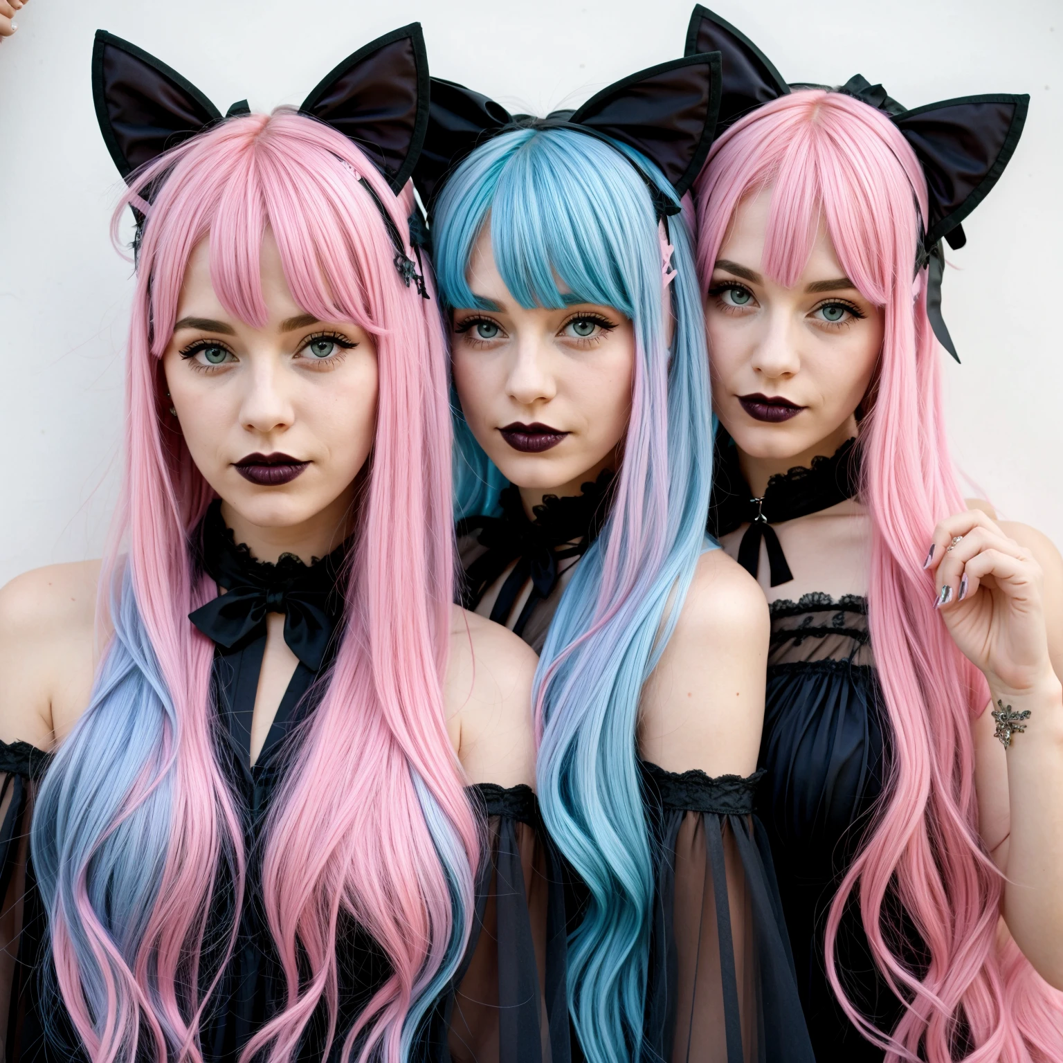 Gothic cat ears pink hair light blue hair twins beautiful girl