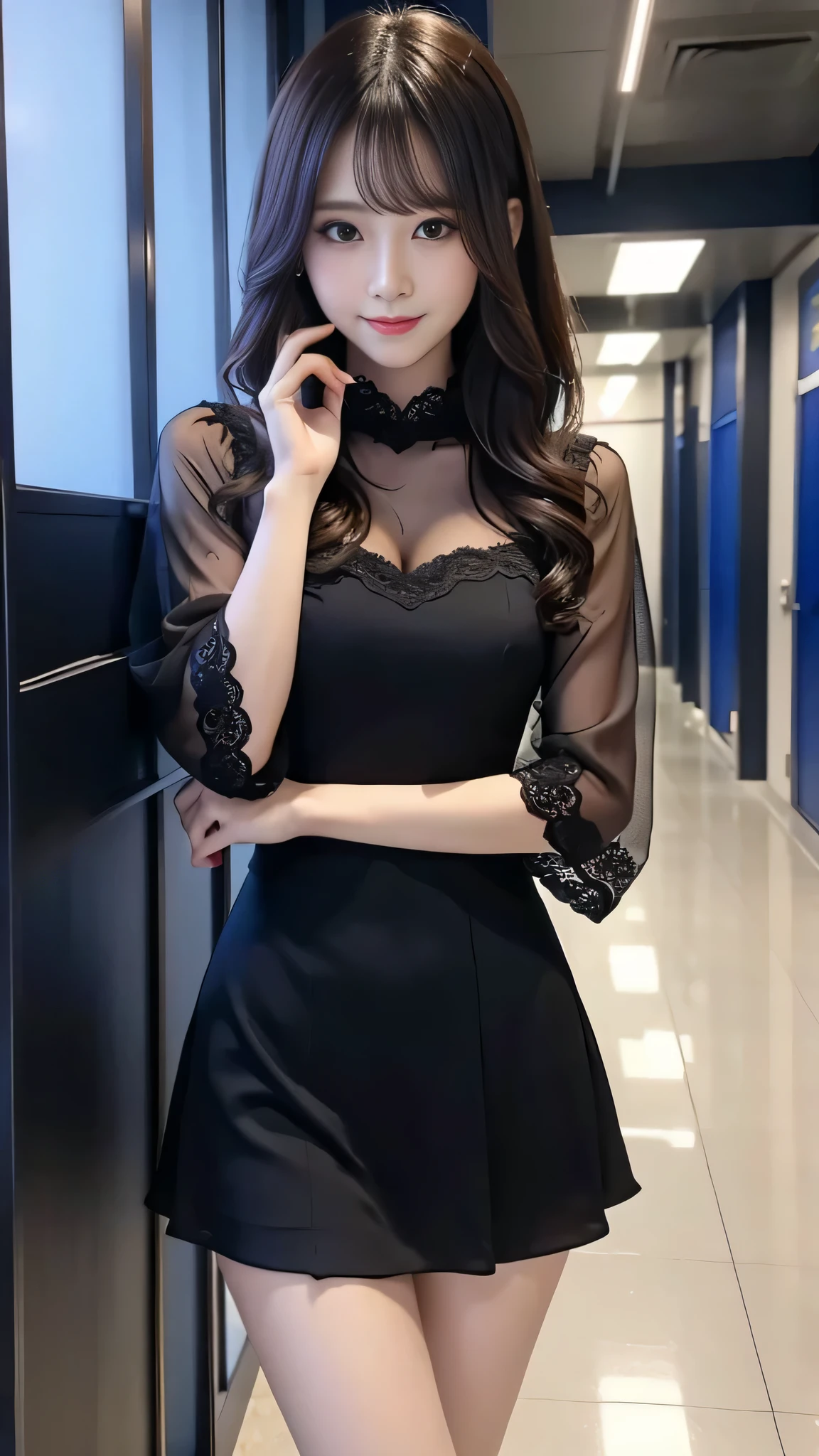 Super detailed、japanese woman、wearing a lace insert dress、flare skirt、charming beauty、seductive adult woman、Dainty woman、clear eyes、cool girl、wavy hair、suit、Black chiffon、wide sleeve、pantyhose、shiny legs、evilの幹部、evil depravity、brainwashing、Mind control、Have lipstick、grin and laugh、邪evilなな表情、evil、empty eyes、邪evilな、High school hallway at night、
