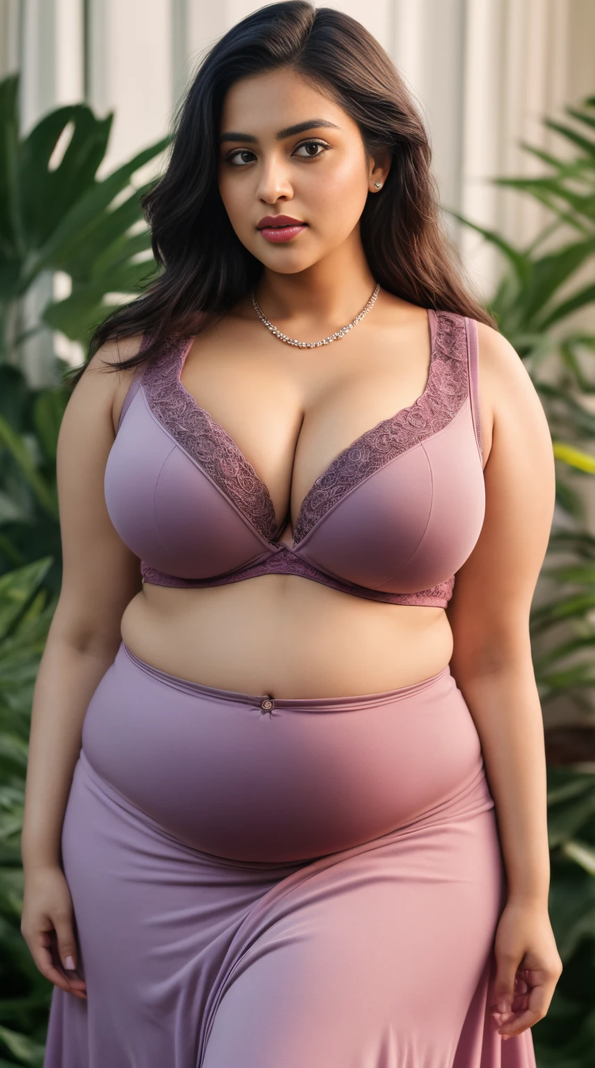 tiktok photo of 37 years old bengali curvy plus size woman in standing position head to thigh view, big m-cup breasts, she has a jiggly fat round belly, thick body, curvy plus size figure,big m-cup breasts , big m-cup breasts,cleavage, cleavage, big waist, big hips, sexy curve,front facing to camera, closeup, RAW, masterpiece, realistic, hyper realistic, muted color, film grain, looking at viewer, polo's pastel perfection looking 80s casual soft collars, fascinating, wearing Magenta dress flower,