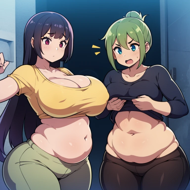 ((digital art)), ((2 girls)), standing, skindentation, (tight clothes), wardrobe malfunction, 1 of the girls is slim, ((breasts resting on tummy)), tummy bulge, pudgy, gaining weight