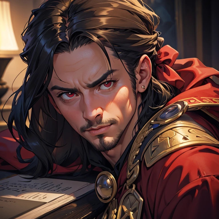 (8K, highest quality, masterpiece:1.2), (realistic, photo-realistic:1.37), highest quality, masterpiece, , suave, incredible details, amazing, small details, masterpiece, highest quality, art,, very detailed, High resolution, very detailed, Castlevania, lord of shadows, Lord Dracula, with turban ，handsome muscular warrior ，long hair red eyes，There&#39;s a scary demon，sense of presence，Impressive，Mission