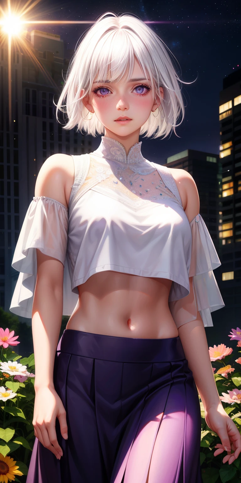 realistic, 1girl, white hair, purple eyes, glowing eyes, crop top, skirt, parted lips, blush, night, flowers, sun, sunlight,